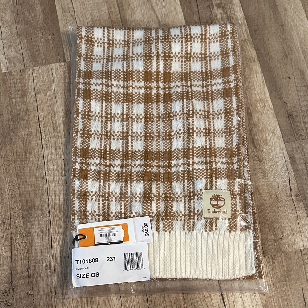 Timberland Checkered Scarf in Tan and Cream